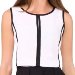 HALOGEN Tipped Sleeveless Top Bright White Jewel Neck Keyhole Blouse Size L